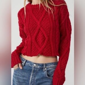 Free People Red Cable Knit Cropped Crewneck Sweater
